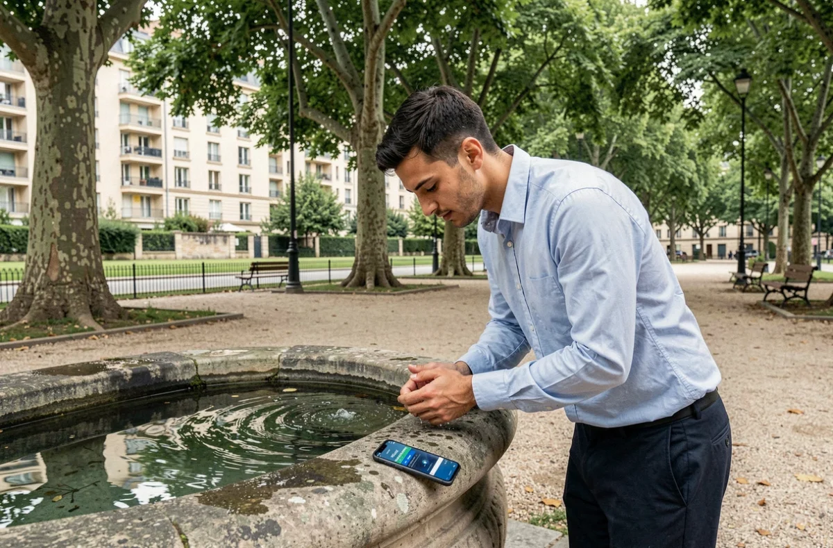 Jeune homme musulman faisant ses ablutions dans un parc avec application des horaires de prière visible sur son téléphone