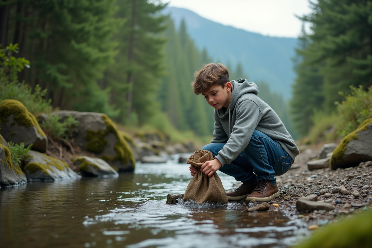 Adolescent ramassant des déchets près d
