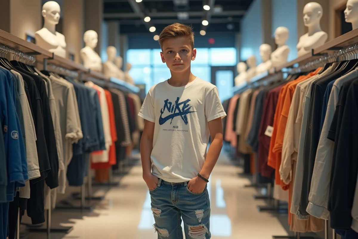 Adolescent homme examinant un t-shirt dans un magasin de mode rapide