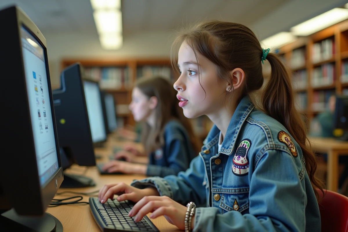 Adolescente des années 2000 personnalisant son Skyblog dans une bibliothèque scolaire, capturant l'essence de la culture blog de l'époque