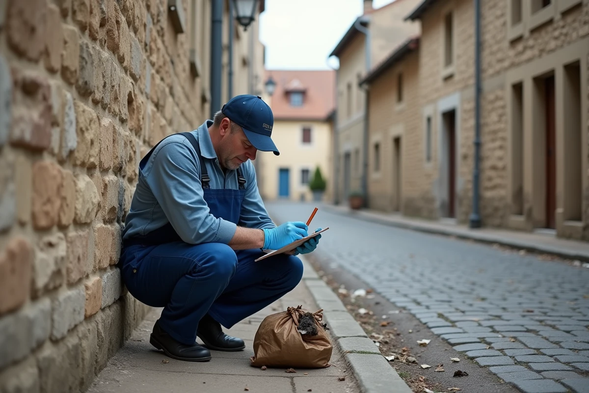 Agent municipal en action contre les rats dans une vieille ville