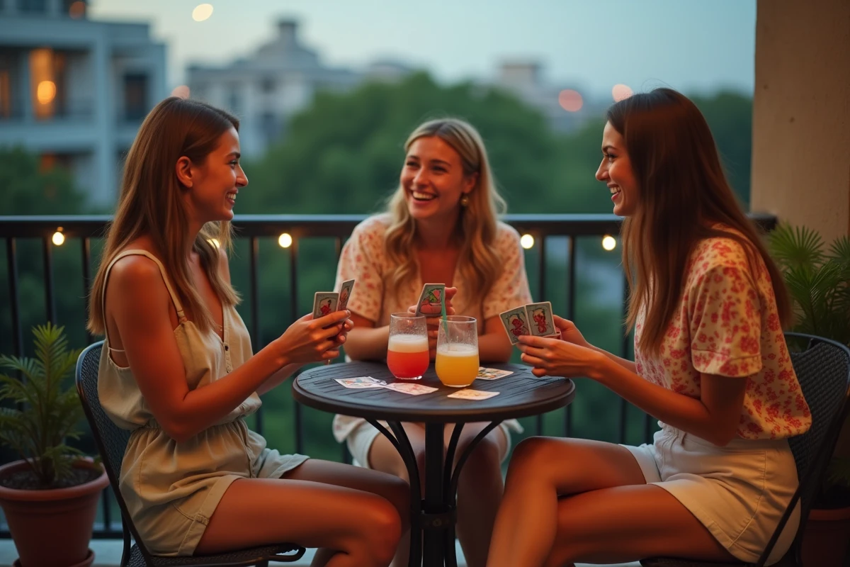 Trois jeunes adultes jouant au jeu Palmier en soirée sur un balcon avec boissons et ambiance estivale décontractée