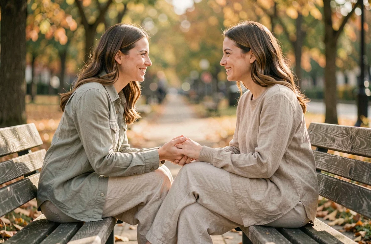 Deux femmes partageant un moment de connexion profonde sur un banc de parc en automne, illustrant le concept d'âme sœur spirituelle