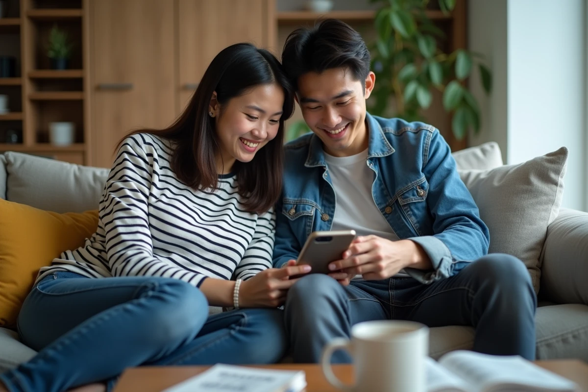 Deux amis adultes regardant ensemble un site de lecture de scans yaoi sur smartphone dans un salon moderne