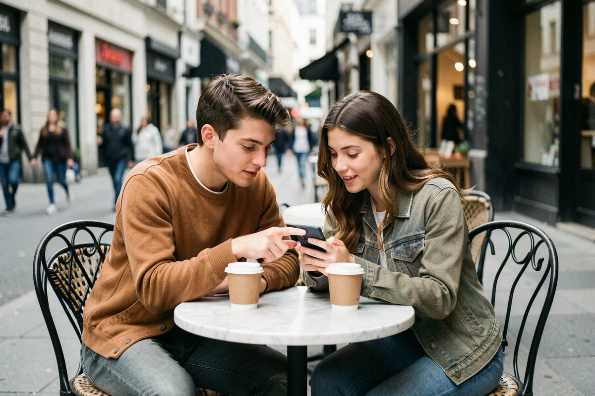Deux amis partageant des liens de dés gratuits Monopoly GO sur smartphone en terrasse de café