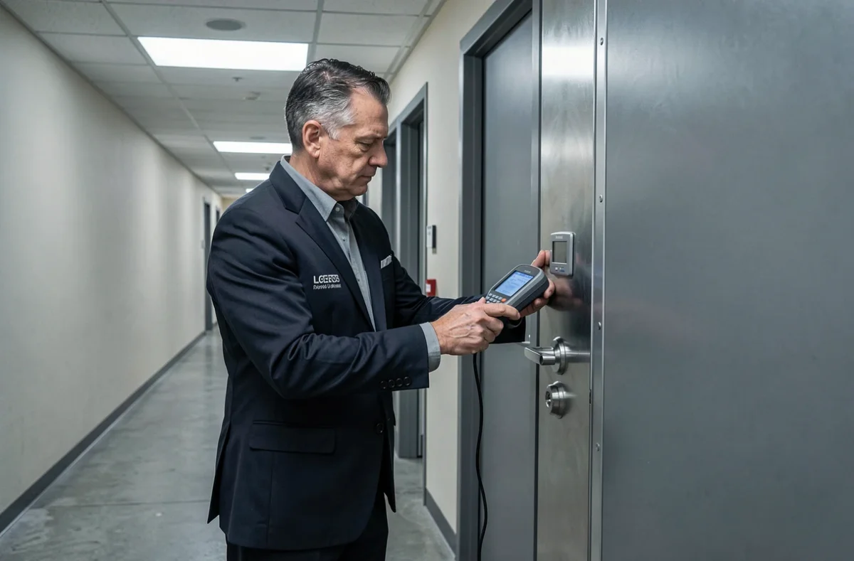 Technicien AMTI en intervention sur une serrure haute sécurité dans un bâtiment commercial