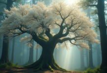 Arbre ancien en fleurs blanches dans une forêt brumeuse