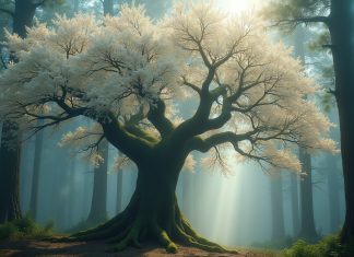 Arbre ancien en fleurs blanches dans une forêt brumeuse