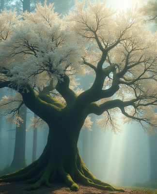 Arbre ancien en fleurs blanches dans une forêt brumeuse