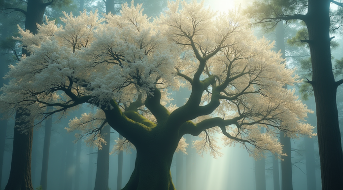 Arbre ancien en fleurs blanches dans une forêt brumeuse