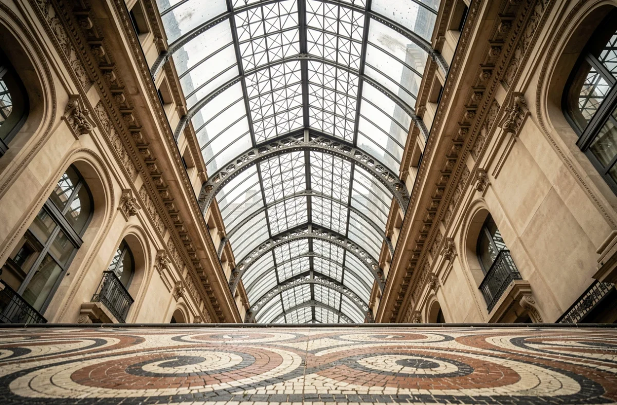 Détail architectural du toit en verre et des mosaïques au sol du Passage Vivienne à Paris
