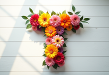 Arrangement floral en forme de T sur table en bois blanc