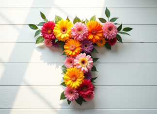 Arrangement floral en forme de T sur table en bois blanc