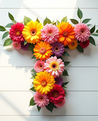 Arrangement floral en forme de T sur table en bois blanc