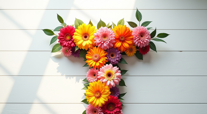 Arrangement floral en forme de T sur table en bois blanc