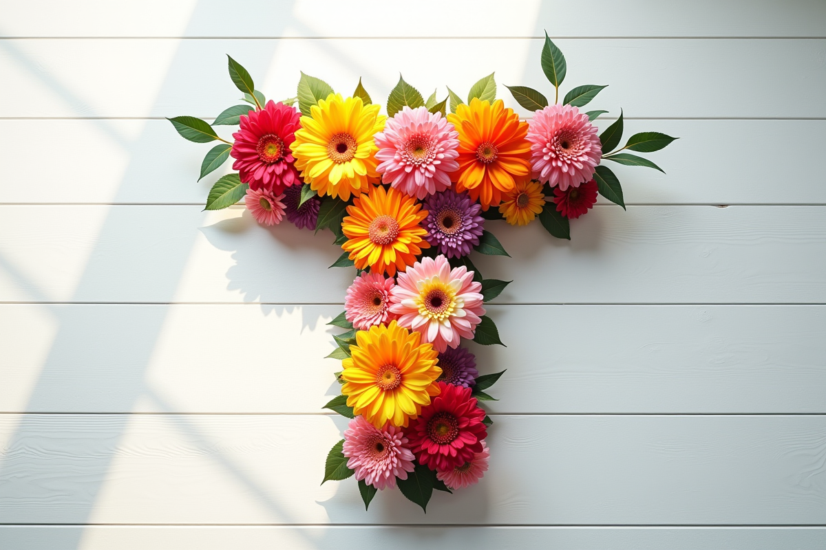 Arrangement floral en forme de T sur table en bois blanc