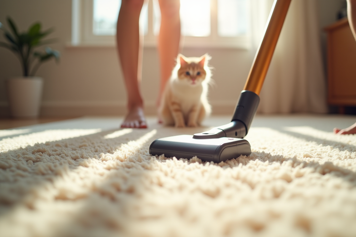 Mains aspirant un tapis avec du poil de chat en lumière naturelle