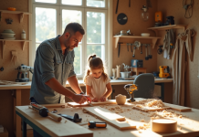 Famille assembleur dans un atelier lumineux avec outils