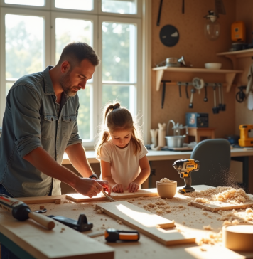 Famille assembleur dans un atelier lumineux avec outils