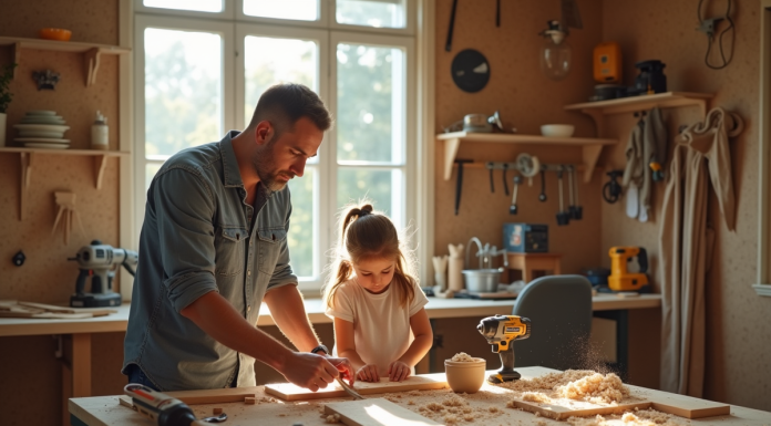 Famille assembleur dans un atelier lumineux avec outils