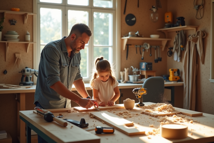 atelier-bricolage-familial Famille assembleur dans un atelier lumineux avec outils