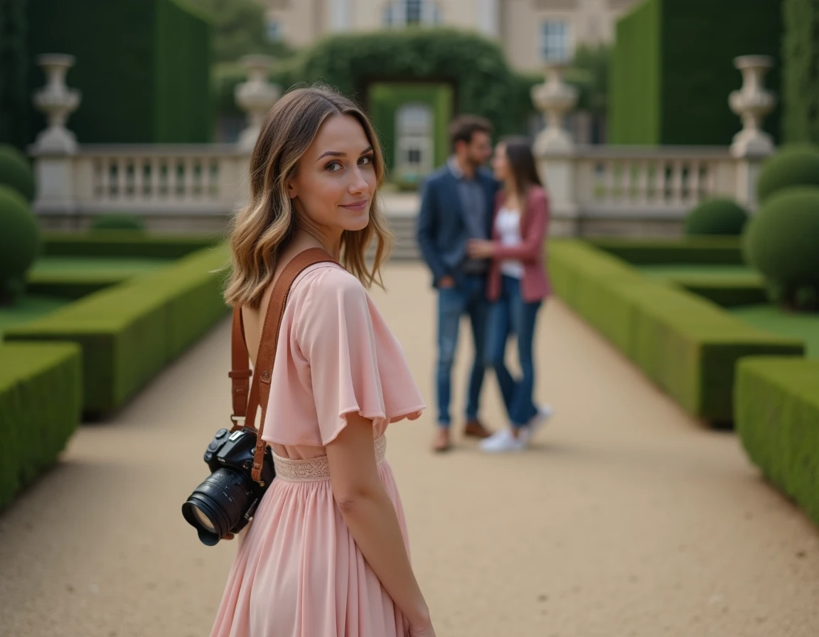 Photographe L'Atelier de Léa dirigeant des fiancés lors d'une séance engagement dans un jardin à la française