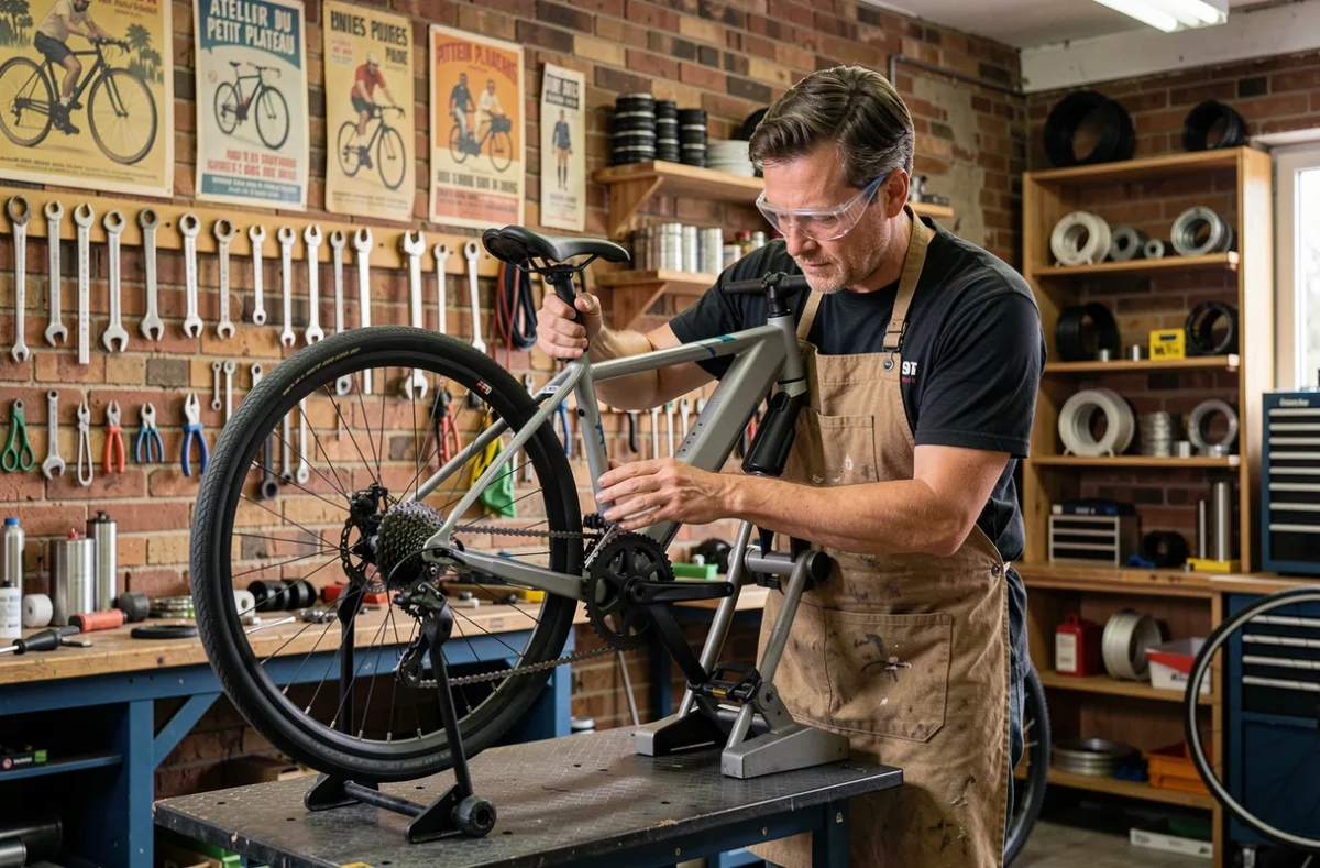 Mécanicien de l'Atelier du Petit Plateau à Poitiers effectuant la maintenance d'un vélo électrique dans un atelier artisanal