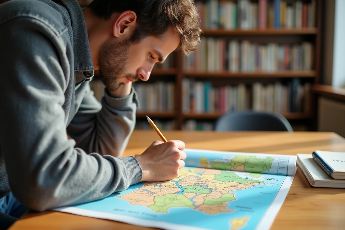 Homme annotant un atlas des fleuves français sur une table en bois dans une bibliothèque