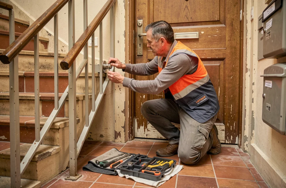 Technicien Atout Services changeant un cylindre de serrure dans un couloir d'immeuble résidentiel