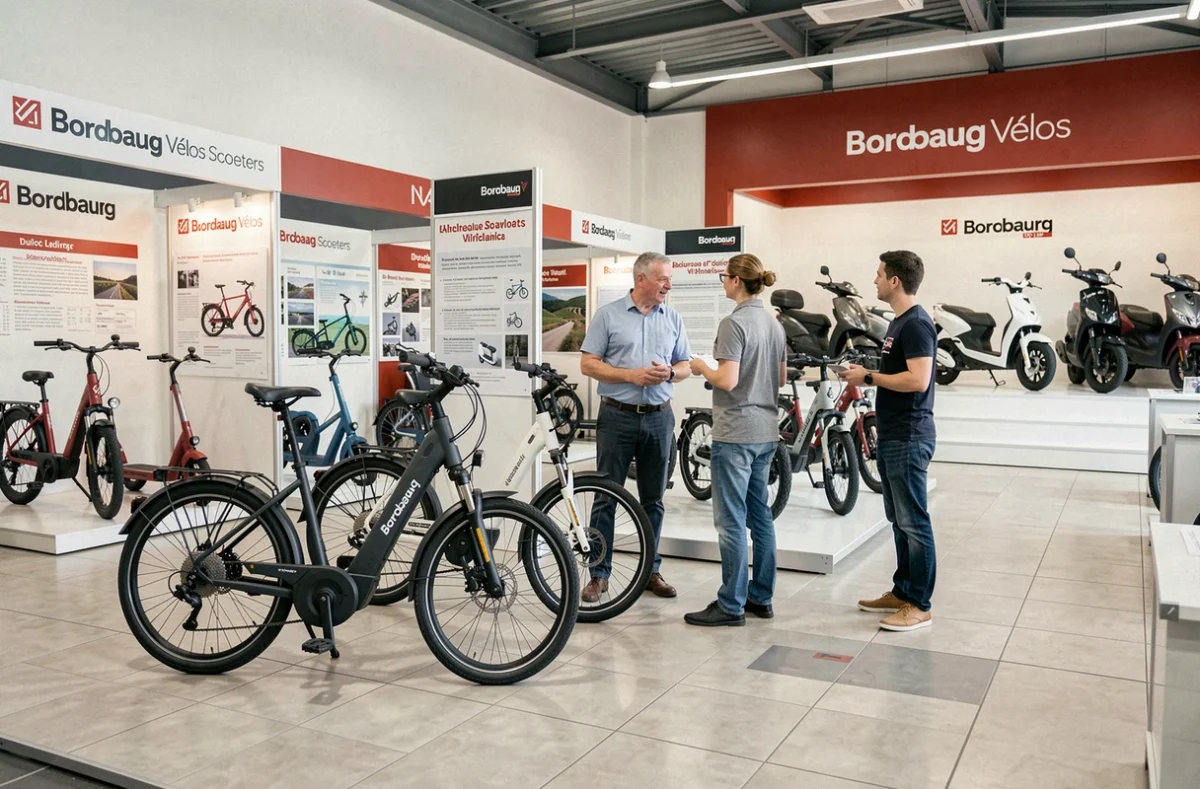 Grande salle d'exposition de Bordeaux Vélos Scooters présentant des vélos électriques et des scooters électriques