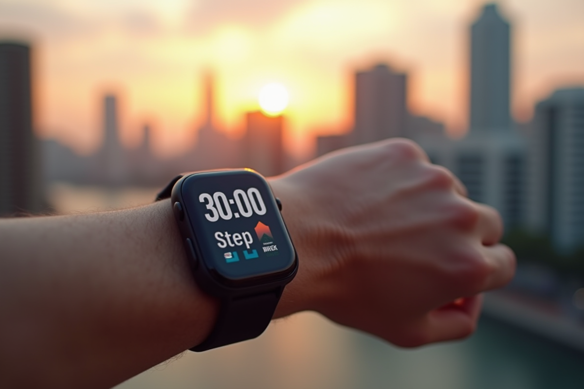 Montre connectée affichant 30000 pas avec skyline urbaine en arrière-plan
