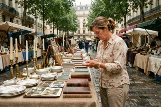 Femme examinant des objets de collection sur un stand de brocante en plein air dans un quartier parisien