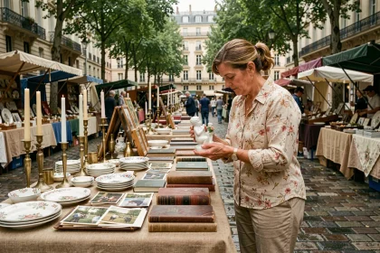 Femme examinant des objets de collection sur un stand de brocante en plein air dans un quartier parisien