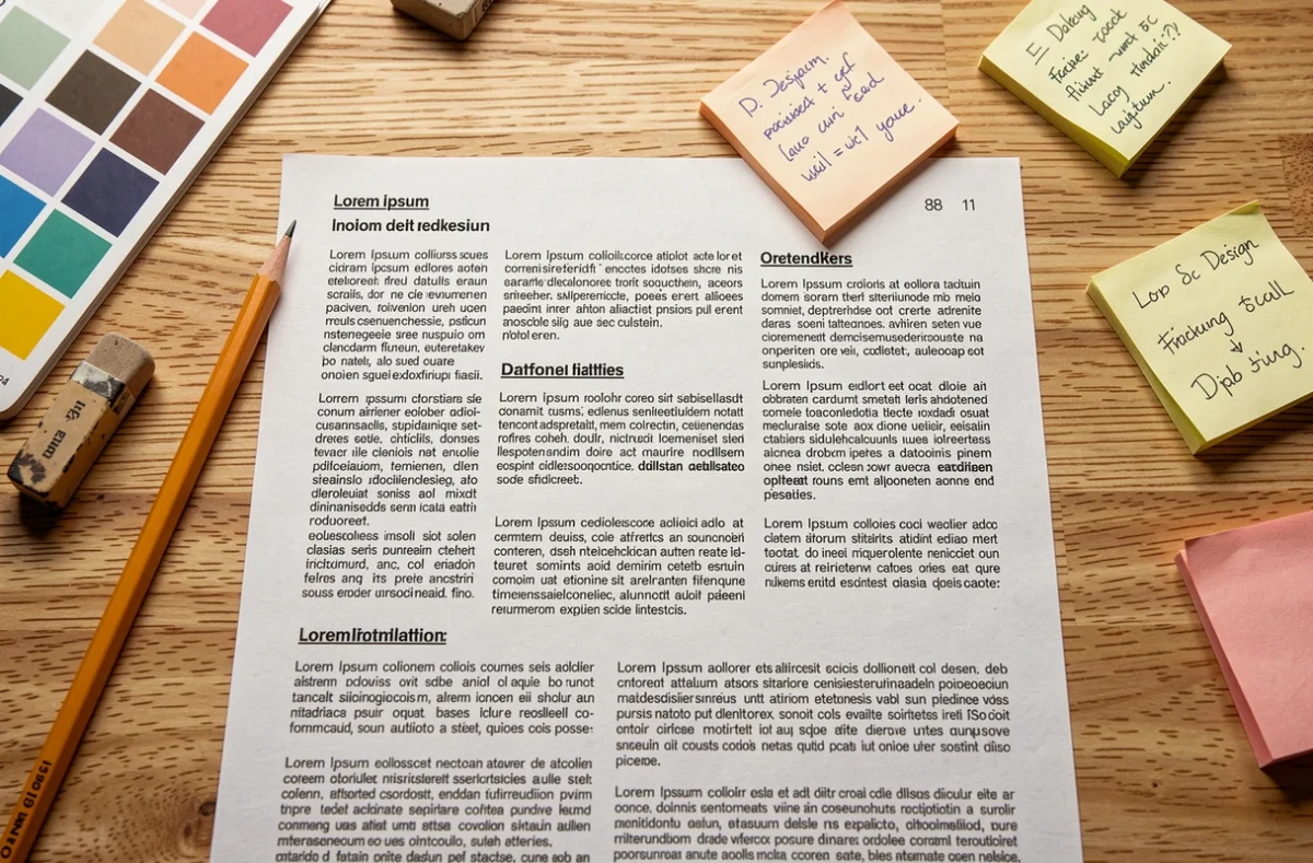 Vue aérienne d'un bureau de designer avec un wireframe imprimé contenant du texte Lorem Ipsum