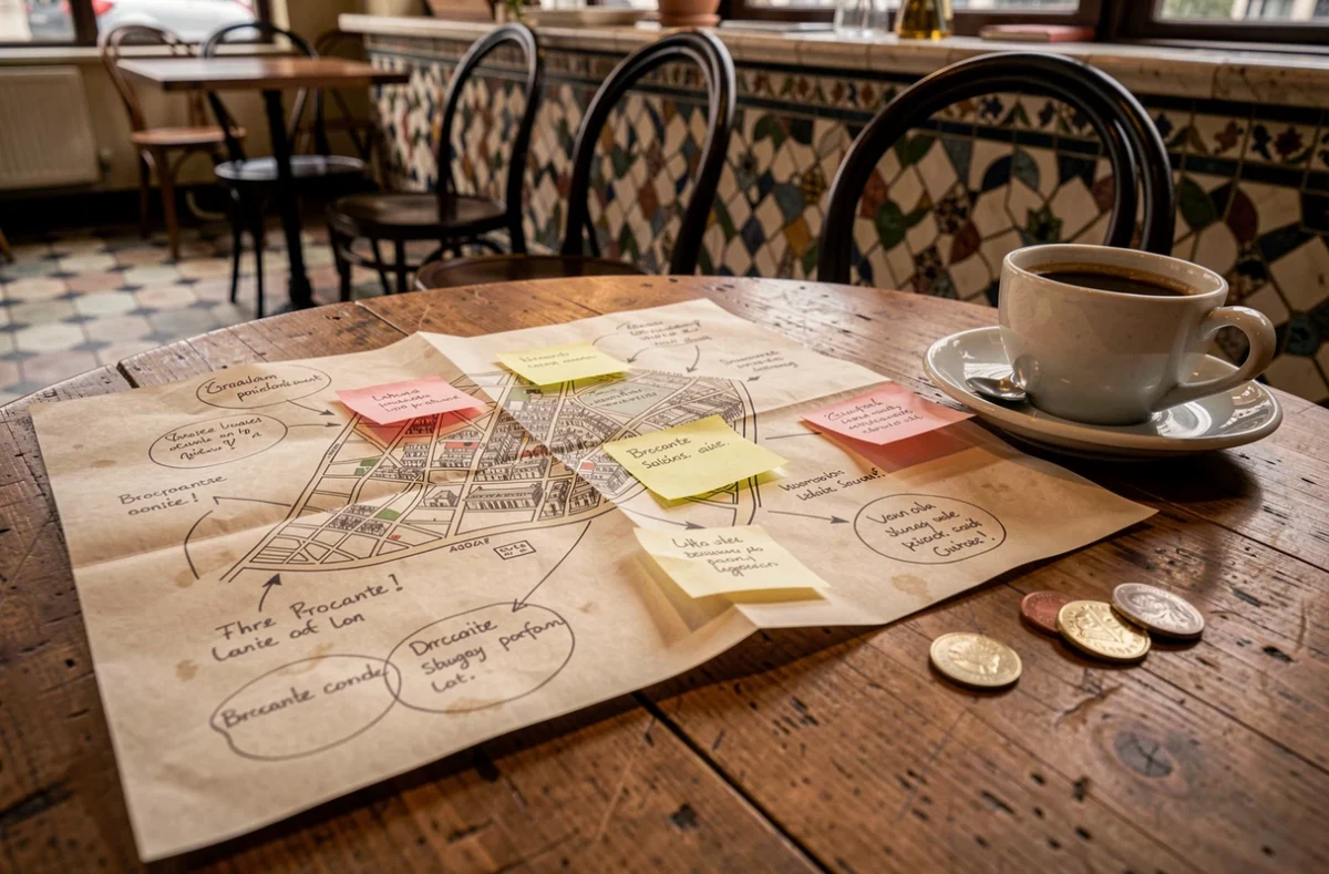 Carte papier annotée des emplacements de brocantes posée sur une table de café parisien
