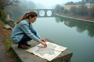 Femme étudiant une carte des fleuves de France au bord d'une rivière avec pont en pierre en arrière-plan