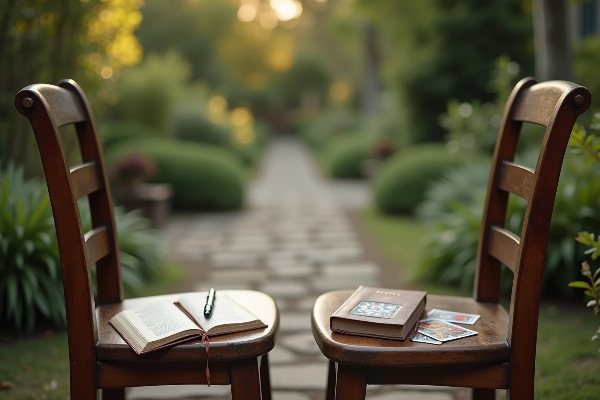 Deux chaises vides dans un jardin avec un journal et des cartes de tarot, symbolisant l'absence et les messages contradictoires dans une relation de flamme jumelle