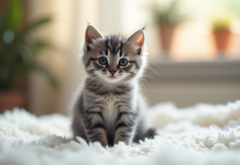 Chaton gris mignon sur une couverture blanche ensoleillée