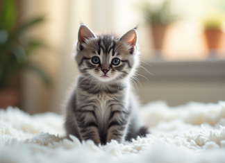 Comment s’occuper de votre chaton de couleur grise : nos meilleurs conseils Chaton gris mignon sur une couverture blanche ensoleillée