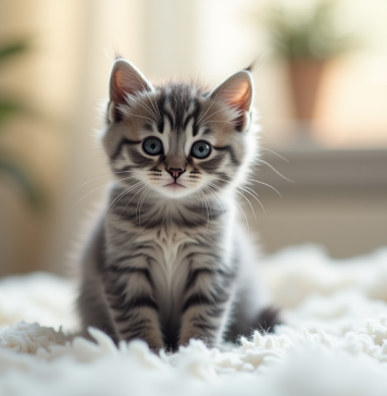 Chaton gris mignon sur une couverture blanche ensoleillée