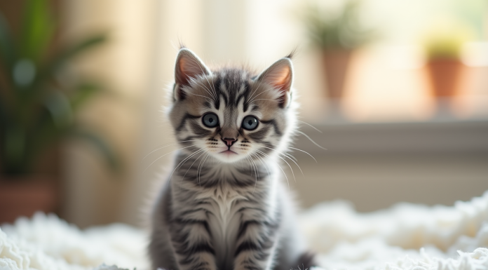 Chaton gris mignon sur une couverture blanche ensoleillée