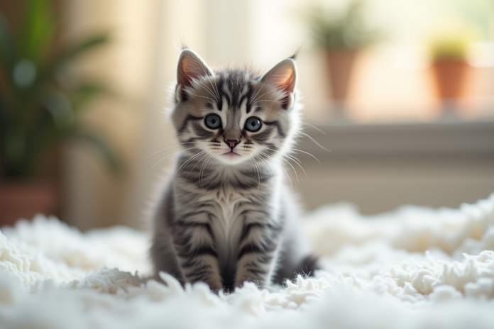 Chaton gris mignon sur une couverture blanche ensoleillée