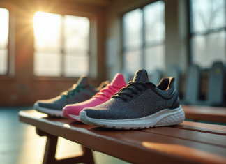 Les meilleures chaussures de fitness pour femme : avis et comparatif Sélection de chaussures de fitness pour femmes sur un banc de gym en bois