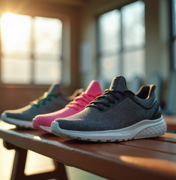 Sélection de chaussures de fitness pour femmes sur un banc de gym en bois