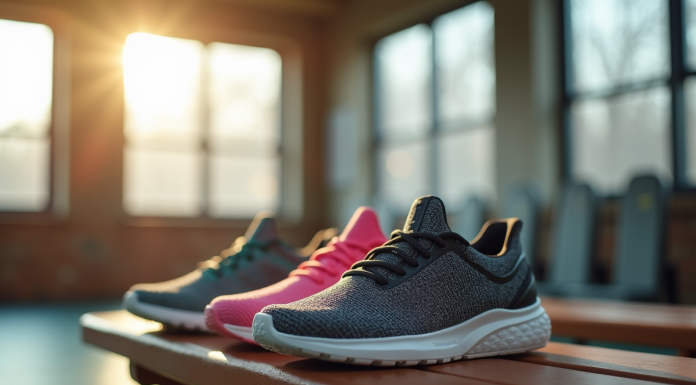 Sélection de chaussures de fitness pour femmes sur un banc de gym en bois