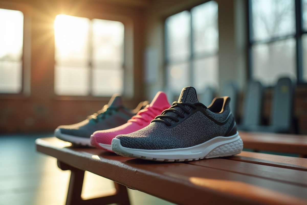 Sélection de chaussures de fitness pour femmes sur un banc de gym en bois