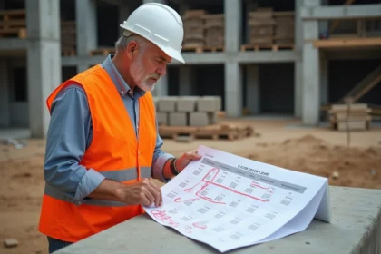 Chef de chantier consultant un calendrier 2026 avec semaines paires et impaires sur un site de construction BTP