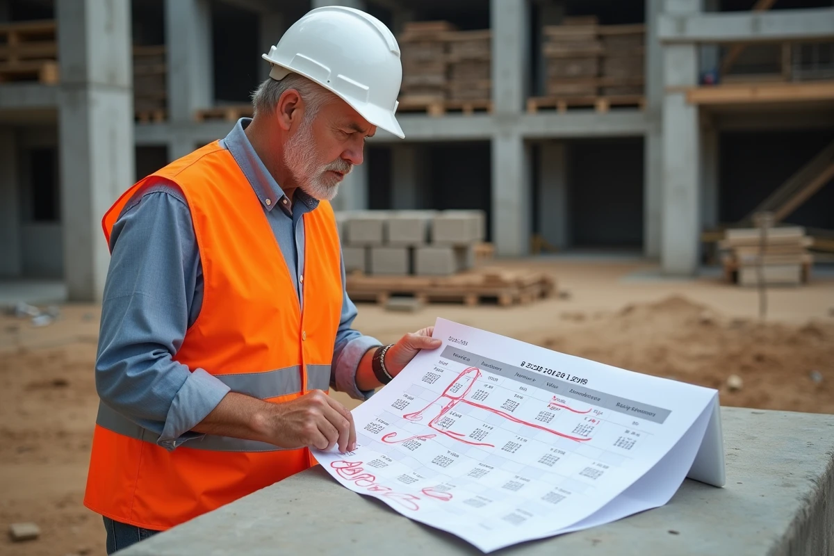Chef de chantier consultant un calendrier 2026 avec semaines paires et impaires sur un site de construction BTP