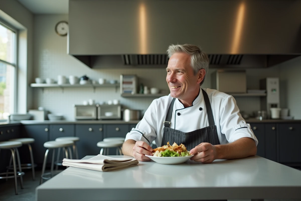 Chef en pause déjeuner dans une cuisine professionnelle