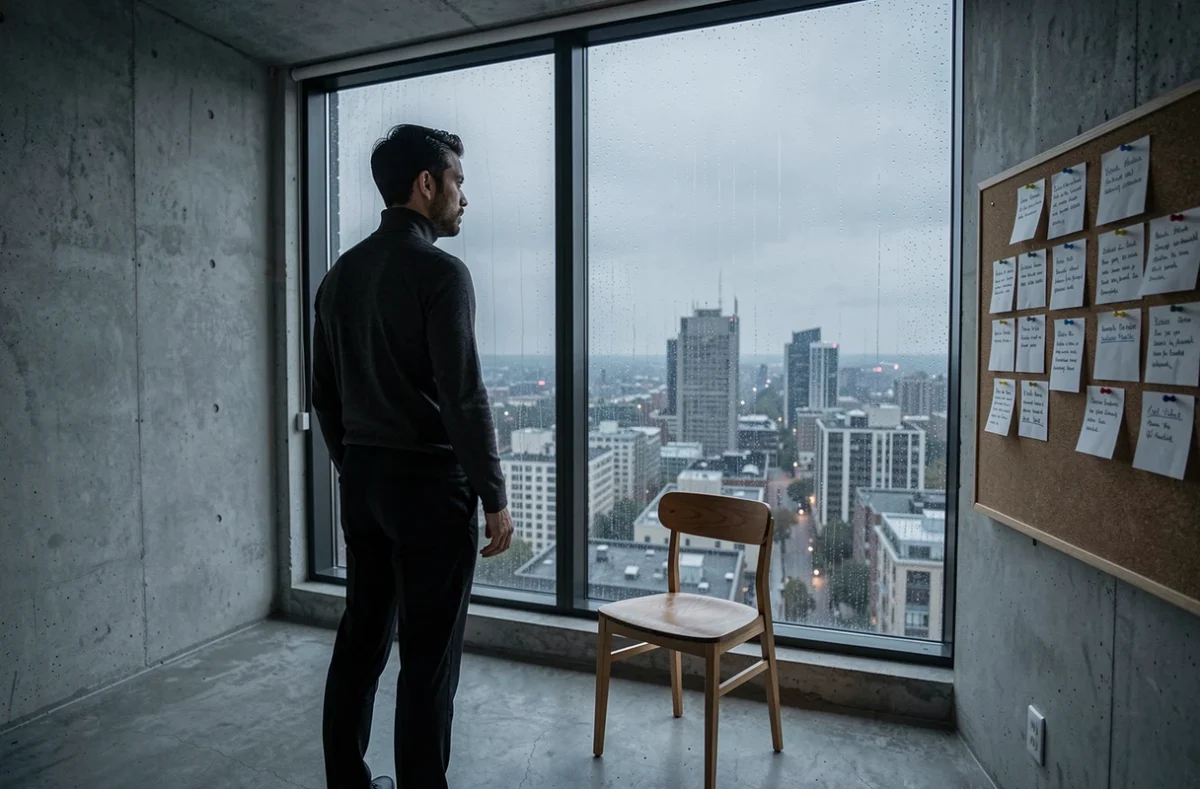 Homme en turtleneck noir regardant par une fenêtre pluvieuse avec vue sur la ville, symbolisant la solitude et la stratégie d'un chef manipulateur
